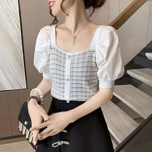 Áo thun ngắn tay kẻ sọc thiết kế voan cổ vuông mùa hè