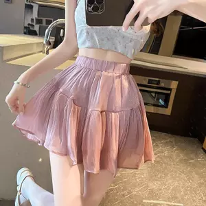 Váy ngọt ngào dành cho nữ Mùa hè Phong cách mới Siêu cổ tích Streamer Gạc lưng cao mỏng hơn Nhìn màu trơn Váy ngắn xếp li mượt mà phù hợp