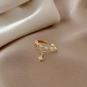 PNPIA- Shinny Kim Cương Giả Màu Vàng Dây Xích Ngôi Sao Mặt Dây Chuyền Mở Nhẫn Phong Cách Hàn Quốc Người Phụ Nữ Trang Sức Thời Trang Tiệc Cưới Nhẫn Hợp Thời Trang Cho Bé Gái