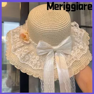Mũ chống nắng MERIGGIARE, Mũ đi biển nơ ren có thể điều chỉnh, Thời trang thoáng khí Ren ống hút Ruffle Mũ vành rộng Mũ chống nắng