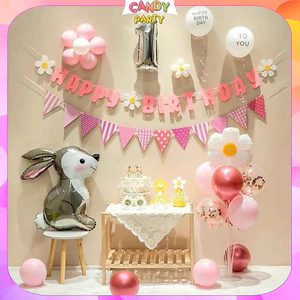 Set Bóng Tone Hồng Dây Happy Birthday Hoa Cúc Dễ Thương Phong Cách Hàn Quốc Mới Hottrend 2024 CB21