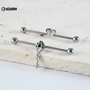 KUZHEN Trái Tim Lo & Chìa Khóa Treo Tai Công Nghiệp Barbell Stud Thép Phẫu Thuật Đôi Lỗ Lobe Xoắn Bông Tai Xuyên Bodyjewelry HOT