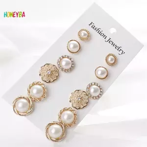 < Honeyba > 6 Đôi Ngọc Trai Kim Cương Giả Pha Lê Thanh Lịch Dấu Hiệu Tai Nhỏ Bông Tai Đẹp