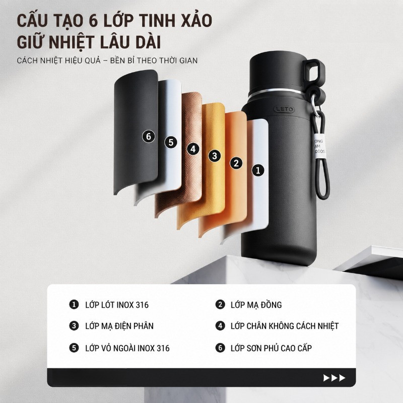 Bình giữ nhiệt 316L cao cấp, kèm cốc trà, dung tích 1000/800ml, màu đen/trắng, chống rò rỉ, giữ nóng/lạnh
