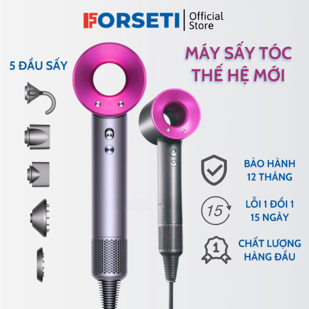 Máy Sấy Tóc FORSETI Supersonic Ion Âm Tốc Độ Cao 2 Chiều Nóng Lạnh, Thiết Kế Không Cánh Quạt Kèm 5 Đầu Sấy