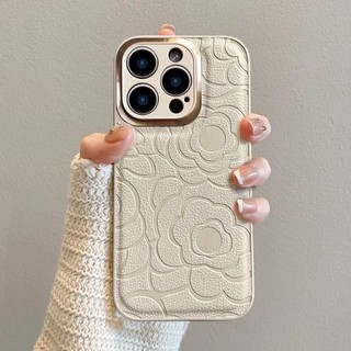 Ốp Điện Thoại Da Hoa Camellia Ống Kính Kim Loại Mạ Sang Trọng Cho iPhone 17Promax 17Air 16 15 Pro Max 14Promax Plus 11 12 13 Pro Max Chống Sốc Nam Nữ