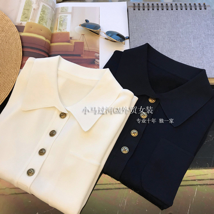 Áo thun dệt kim cổ polo mỏng kiểu Pháp Áo thun ngắn tay nữ