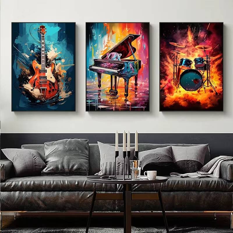 Trừu Tượng Nhiều Màu Sắc Nghệ Thuật Nhạc Cụ Trống Bộ Đàn guitar poster In canvas Tranh Tường Nhạc Nghệ Thuật Tranh Nhà Phòng Ngủ Trang Trí