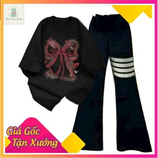 sét bộ quần ống loe + mix áo phông nơ Loang form rộng-