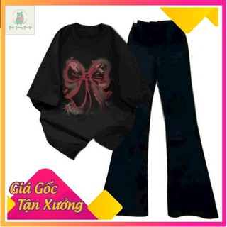 sét bộ quần ống loe + mix áo phông nơ Loang form rộng-