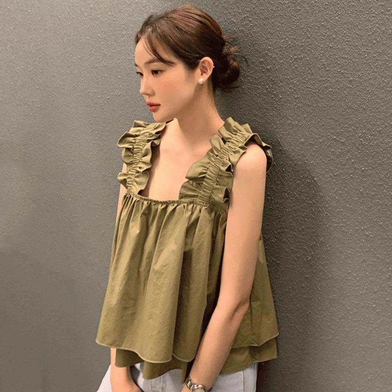 [Hàng mới về] Hàn Quốc sang trọng Mùa hè Niche Cổ vuông phù hợp Thiết kế không đều dáng rộng Áo yếm ngắn dành cho nữ