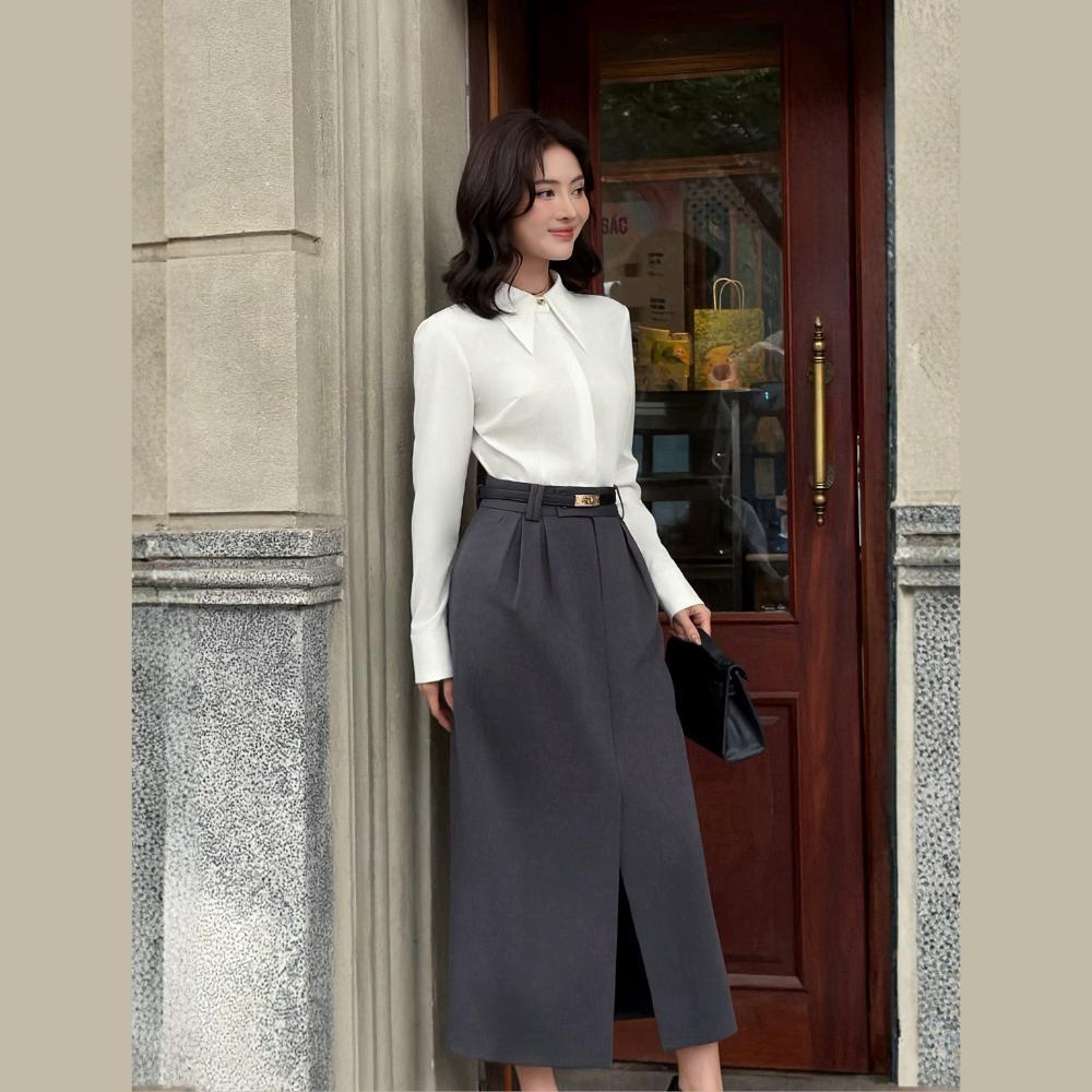 Chân váy dài nữ ELLA DORA xẻ trước 2 ly phối túi thật form gọn tôn dáng hiện đại màu GHI XÁM [CV188]