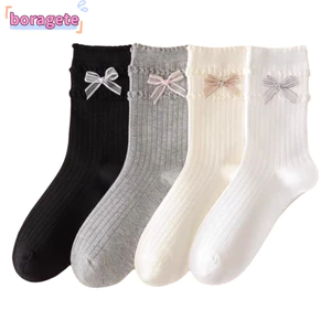 Vớ dài BORAGETE, Dệt Kim Phong Cách Ngọt Ngào Ren Chân Ấm Áp, Kawaii Nơ Co Giãn Cao Gothic Phong Cách Tất Thời Trang Bé Gái
