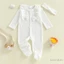 Sơ Sinh Quấn Chân Romper Màu Trơn Nơ Xù Dài Tay Cổ Tròn Áo liền quần Có Nơ Băng Đô