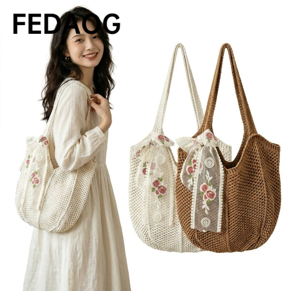Túi đeo vai dệt kim FEDAOG, Phong cách Bohemian với nơ ren Túi đeo vai dệt, Túi Tote móc nhẹ dung tích lớn thông thường Túi đeo hàng ngày