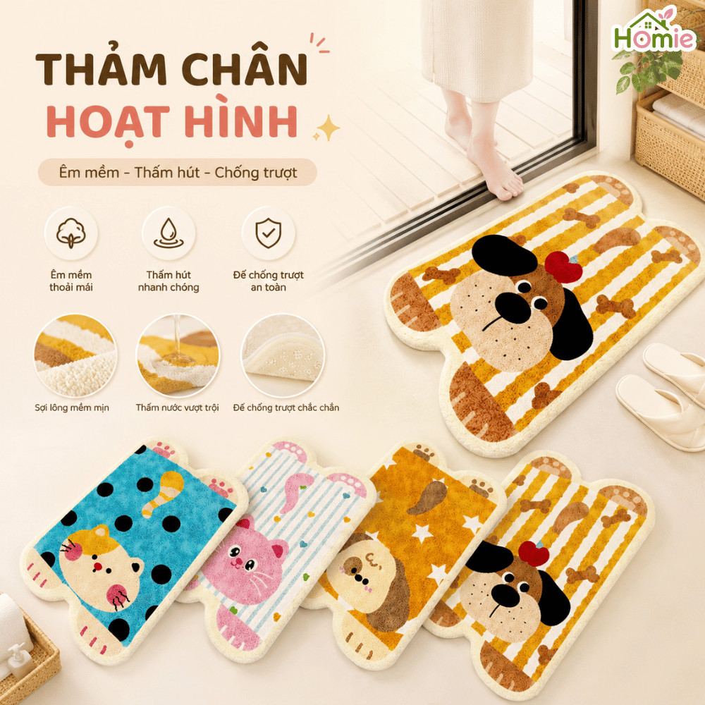 Thảm Lau Chân Nhà Tắm Cashmere Lông Cừu Hình Thú Dễ Thương HOMIE, Thảm Chùi Chân Thấm Hút Mềm Mại