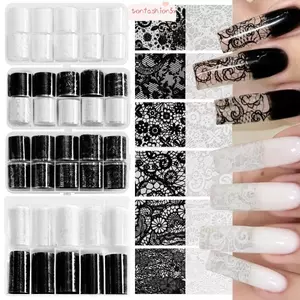 ITRUMPET Giấy Dán Móng Tay, Da Báo Thiết Kế Ren Dán Móng Tay, Thời Trang Đen Trắng Hiệu Ứng Sequin Sọc Họa Tiết Móng Tay Nghệ Thuật Dán Trang Trí Móng Tay