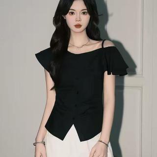 [Thời gian có hạn Seckill] Áo sơ mi đeo vai xù màu trắng có tính khí dành cho nữ sang trọng Slimmer Look Top Sản phẩm chính hãng siêu cổ tích