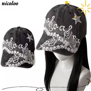 Mũ thêu nốt nhạc NICOLOO, Mũ bóng chày ren trắng Cotton màu đen, Mũ lưỡi trai cong Hip Hop thời trang Y2K dành cho nữ Cô gái