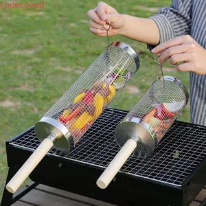 Bộ 2 / 3 Giỏ BBQ, Giỏ nướng lưới bằng thép không gỉ, Dụng cụ nấu nướng bằng gỗ Xi lanh cầm tay Giá nướng dã ngoại
