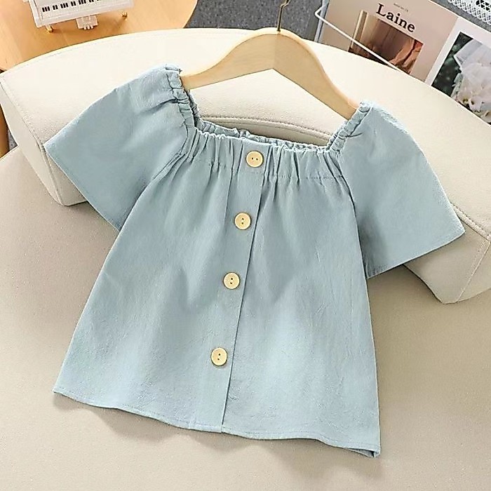Áo sơ mi búp bê ngắn tay bé gái mùa hè mới bé gái thời trang áo trẻ em trung niên cổ vuông áo sơ