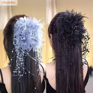 Vuốt Tóc OUSXA, Vải Lông Hoa Ngọc Trai Kẹp, Thời Trang Bốn Hoa Tua Rua Cá Mập Kẹp Cho Bé Gái