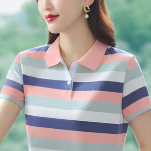 2026 Mới Thời Trang Nữ Sọc Đa Năng Cổ Xuống Giảm Béo Áo Sơ Mi Polo Tay Ngắn