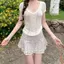 Phong cách Hàn Quốc Váy hoa phong cách nhẹ nhàng Thắt lưng co giãn Ren đôi Người đàn ông nhỏ Mặc đi nghỉ Váy chữ a giảm tuổi