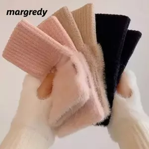 Găng tay lông cừu chồn MARGREDY, Găng tay nửa ngón dệt kim sang trọng mềm mại, Găng tay không ngón thời trang Thể thao ngoài trời