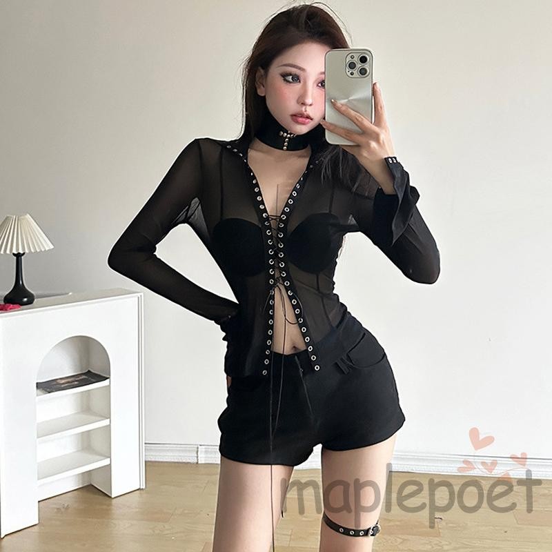 Áo dài tay xuyên thấu lưới đenMAPLEPOET, có dây buộc phía trước và choker, phù hợp mùa hè