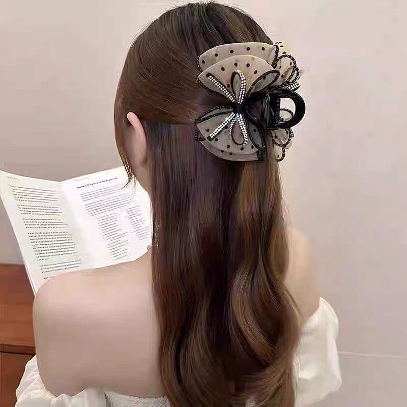 Kẹp tóc chấm bi đính đá Cặp tóc hình nơ càng cua tiểu thư Hàn quốc thanh lịch