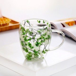 Cốc hoa khô thủy tinh hai lớp Borosilicate cao Cốc cà phê gia đình Cốc trà chịu nhiệt độ cao Hoa thật Cốc uống nước sáng tạo D4H3
