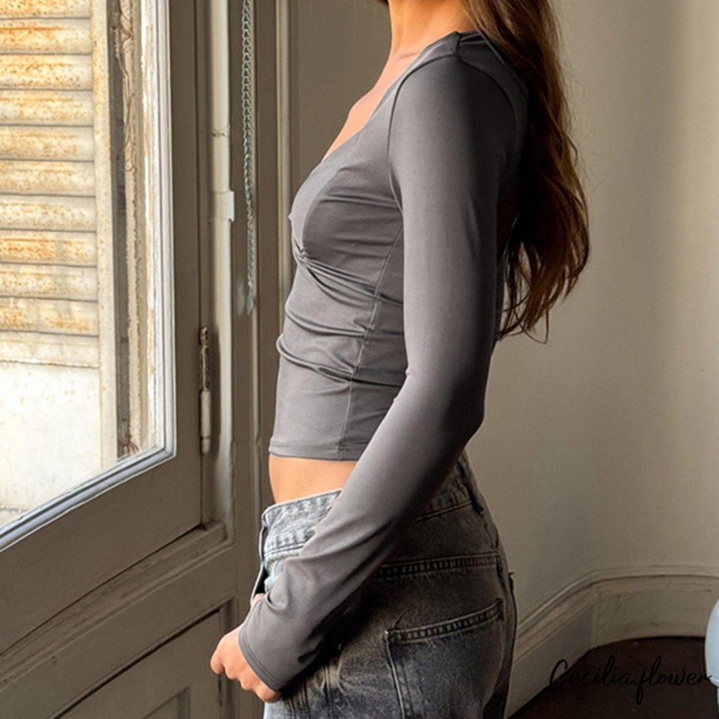 Crop Top Cổ Chữ V Tay Dài Ôm, Thích Hợp Dạo Phố