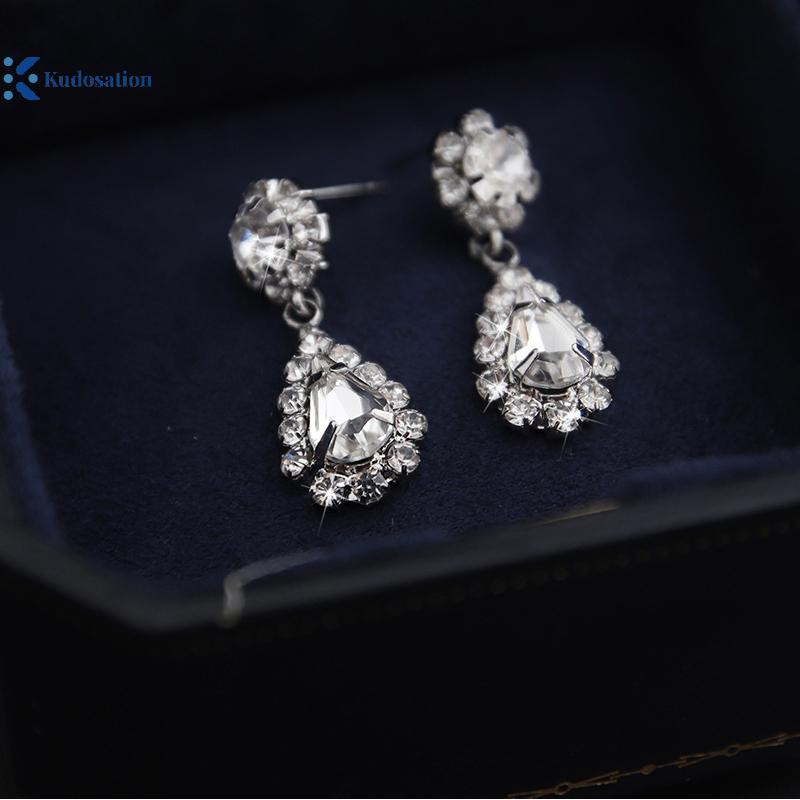 Kudosation Thời Trang Đơn Giản Giọt Nước Pha Lê Kim Cương Giả Vòng Cổ Bông Tai Nữ Cưới Ánh Sáng Sang Trọng Bộ Trang Sức Phụ Kiện