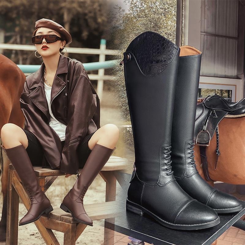 Mùa Thu Đông 2025 Hiệp Sĩ Giày Nữ Retro Nhưng Đầu Gối Thấp Gót Equestrian Giày Hiệp Sĩ Giày Bốt Kích Thước Lớn Giày 48 Thời Trang