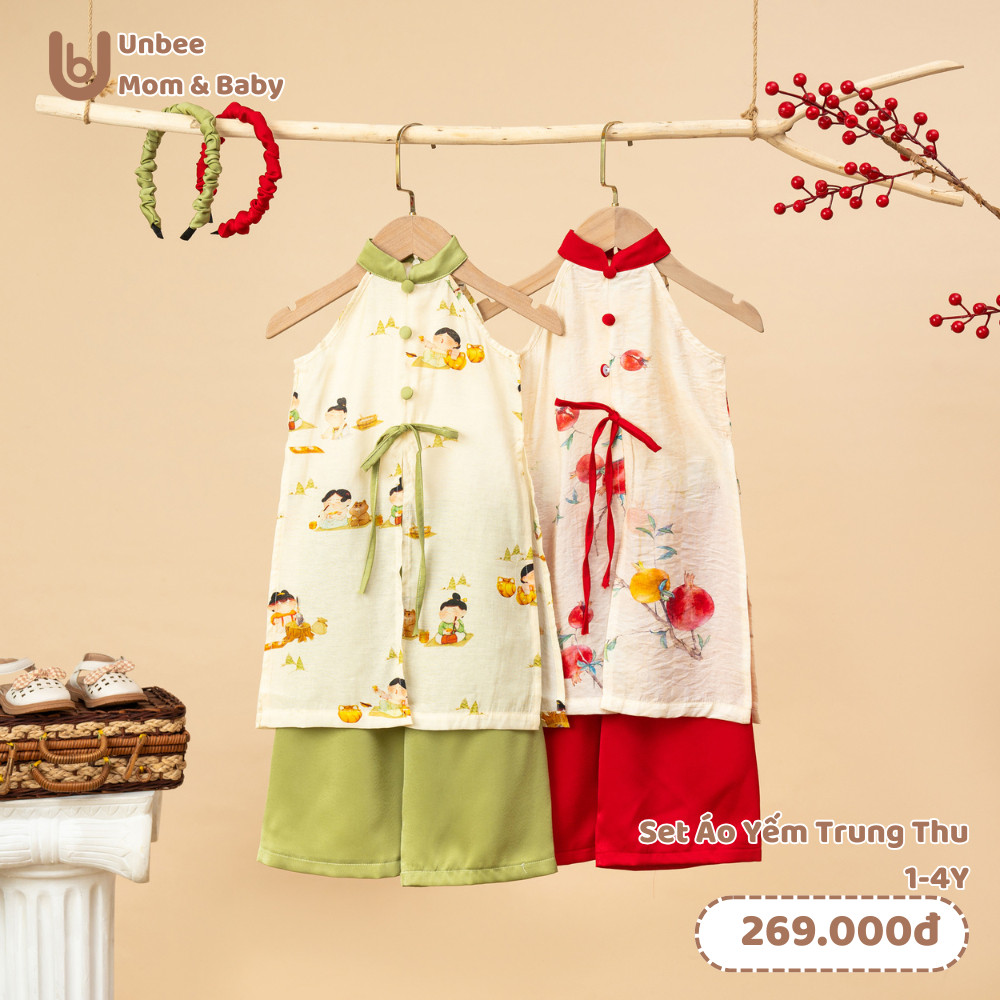 Áo dài yếm cho bé gái UNBEE 1 đến 4 tuổi chất liệu đũi tơ tằm - Áo dài trung thu cho bé gái