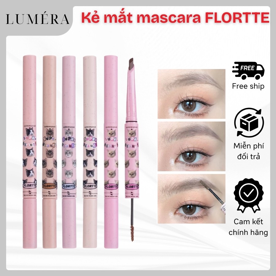 Chì kẻ mày mascara FLORTTE kẻ lông mày 2 đầu tiện dụng hình meow chống nước bám màu lâu trôi