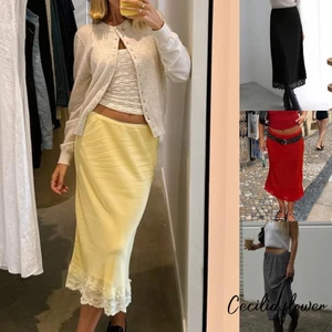 Váy Midi Chữ A Viền Ren Thanhh lịch với Eo Co Dãn, Phù Hợp Mặc Thường Ngày