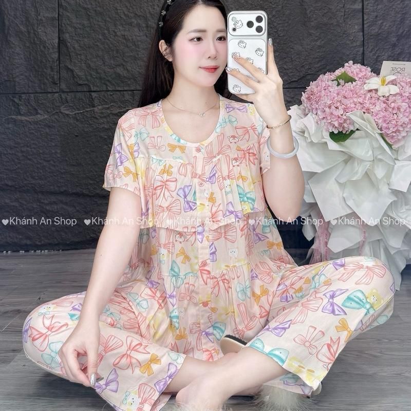 Tole I1 KA191-Fom Gọn Mặc Rộng Lên 1 size - Đồ Bộ Tole Lanh Nữ Áo Tay Ngắn Cổ Tròn Phối Viền Quần 8 Tấc Size 40-75kg E1