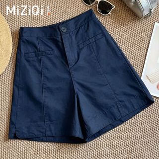 [Miziqi] Quần short ống rộng chữ a lưng cao dành cho nữ mùa hè mỏng màu xanh hải quân mỏng hơn Bộ đồ dáng rộng thông thường Quần năm điểm thẳng