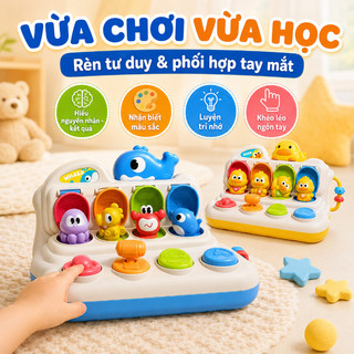 Đồ chơi tương tác bật mở – Chủ đề vịt & cá voi – Bấm, gạt, xoay – Nhận biết màu sắc, phát triển trí nhớ – Không pin