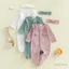 Sơ Sinh Quấn Chân Romper Màu Trơn Nơ Xù Dài Tay Cổ Tròn Áo liền quần Có Nơ Băng Đô