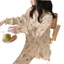 Đồ Ngủ Quần Dài Tay Ren Cardigan Ngọt Ngào Bong Bóng Nhăn Đồ Mặc Nhà Nữ Bộ Hai Chiếc
