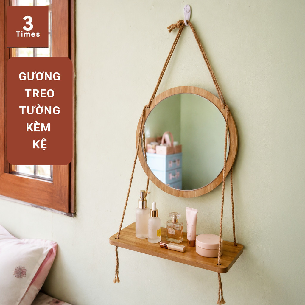 Gương Treo Tường Kèm Kệ 28/33cm - Gương Tròn Soi Mặt Khung Gỗ, Decor Phòng Xinh, Để Đồ Tiện Hơn