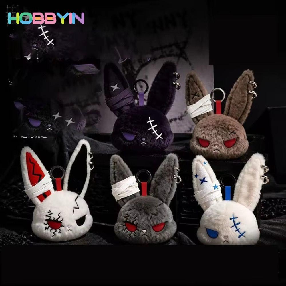 HOBBYIN Dark Bunny Móc khóa búp bê thỏ thêu, thiết kế dễ thương, thân thiện da, phong cách Gothic, charm túi mang hàng ngày