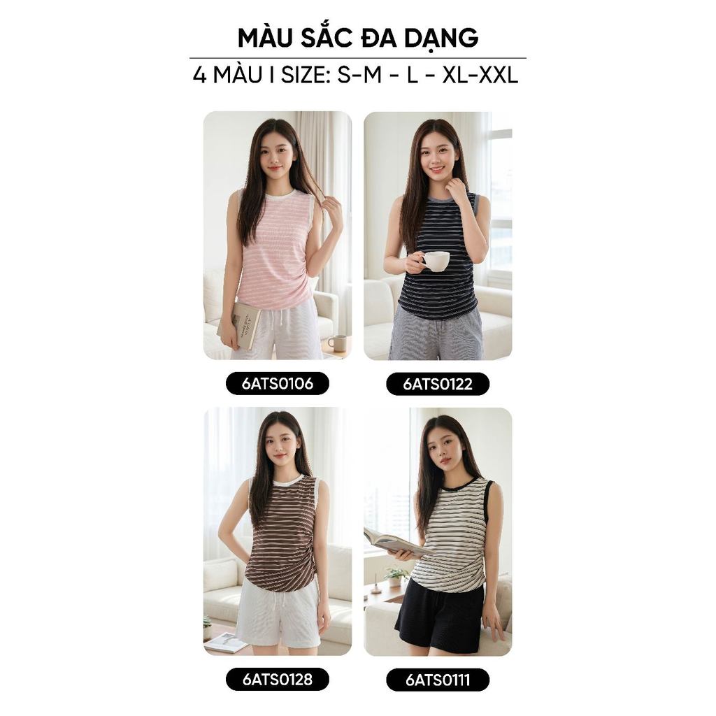 Áo thun nữ CARDINA cotton kẻ sát nách cổ tròn phối viền nhún eo 6ATS01
