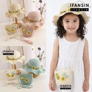 Túi cói IFASIN, Mũ rơm chống nắng dễ thương cho trẻ em, Túi đựng mũ đi biển hướng dương thời trang cho bé gái