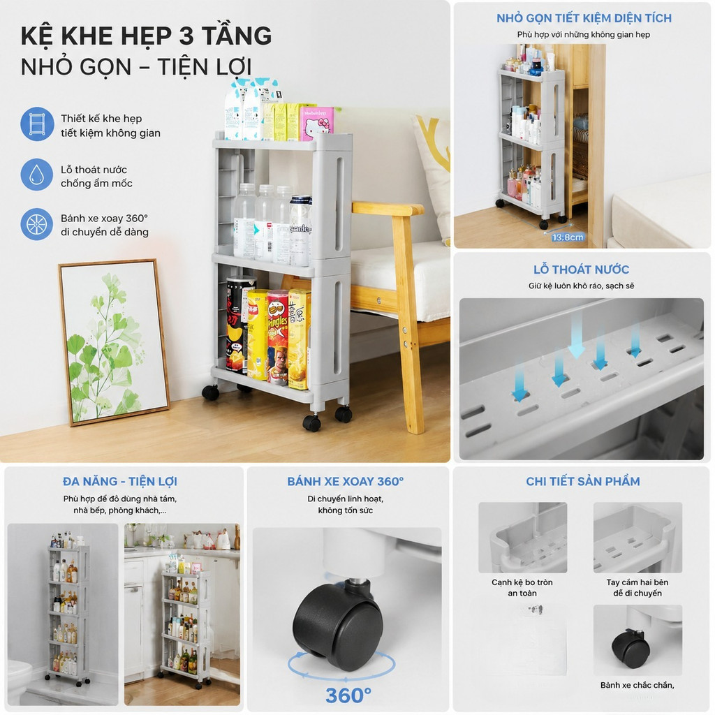 Kệ Hẹp Di Động CozyHome 3 Tầng Có Bánh Xe – Kệ Nhựa Đa Năng Nhà Tắm Nhà Bếp 65x40x13.8cm