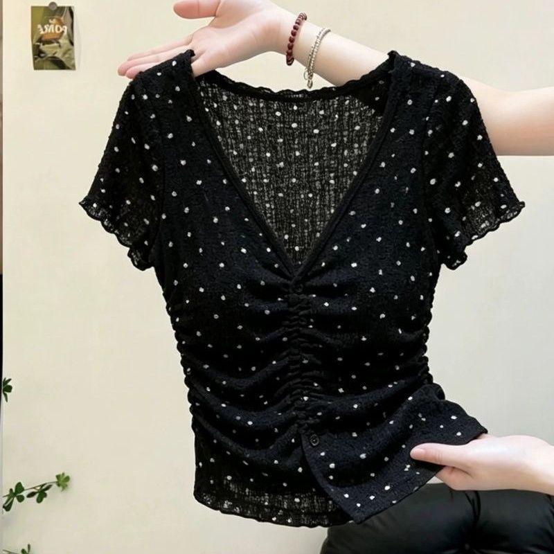 [Hàng mới về] Áo thun ngắn tay cổ chữ V chấm bi màu đen đẹp, phong cách phương Tây mùa hè màu đỏ