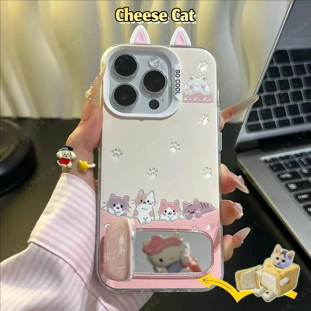 Ốp Điện Thoại Tai Mèo Dễ Thương Và Gương Giá Đỡ Điện Thoại Cho iPhone 17 Pro 16 15 14 13 12 11 Pro Max XR Xs Max 7 Plus